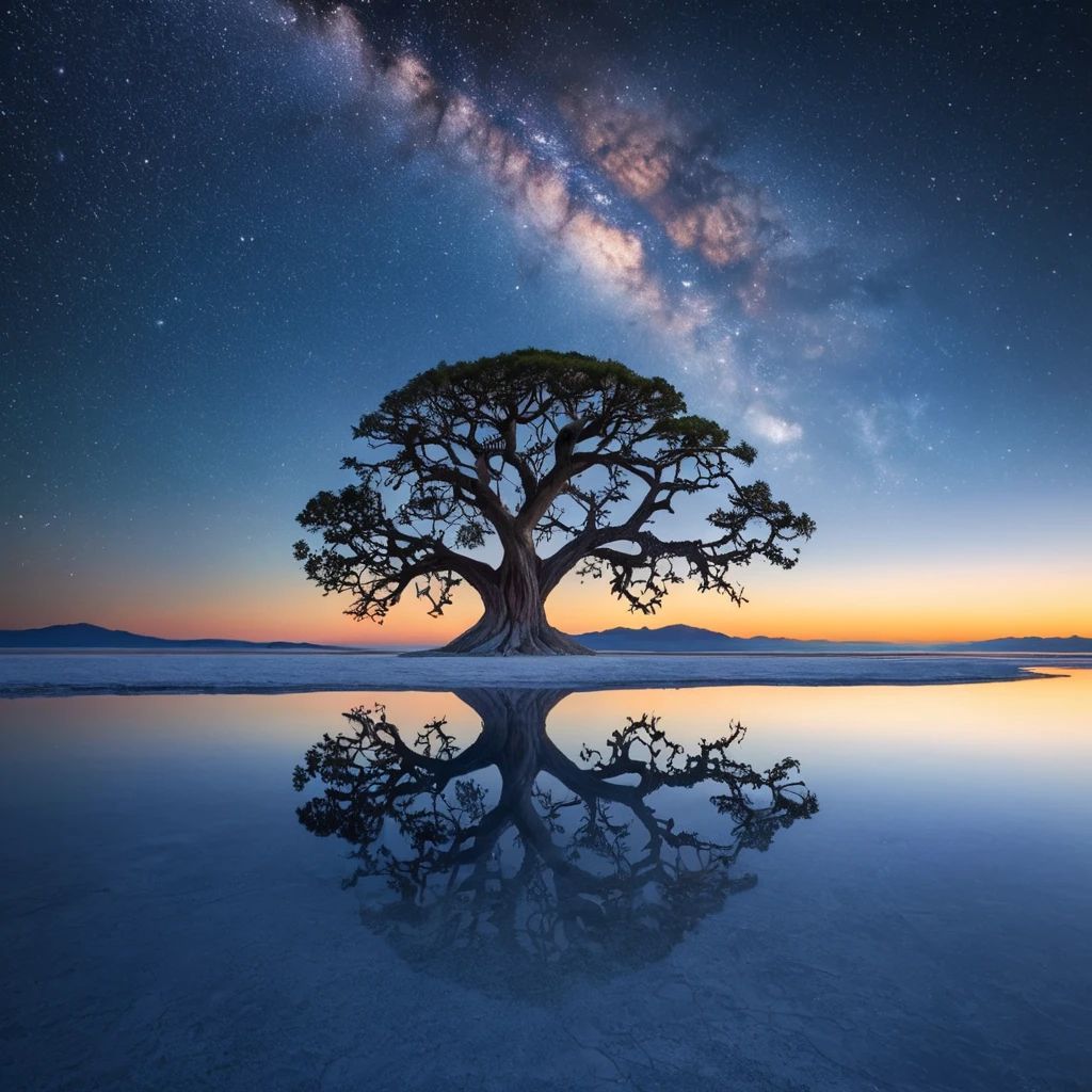 A lone, ancient tree silhouetted against a breathtaking sunset over a vast, reflective salt flat, stars beginning to appear in the deep blue sky, dreamlike and ethereal