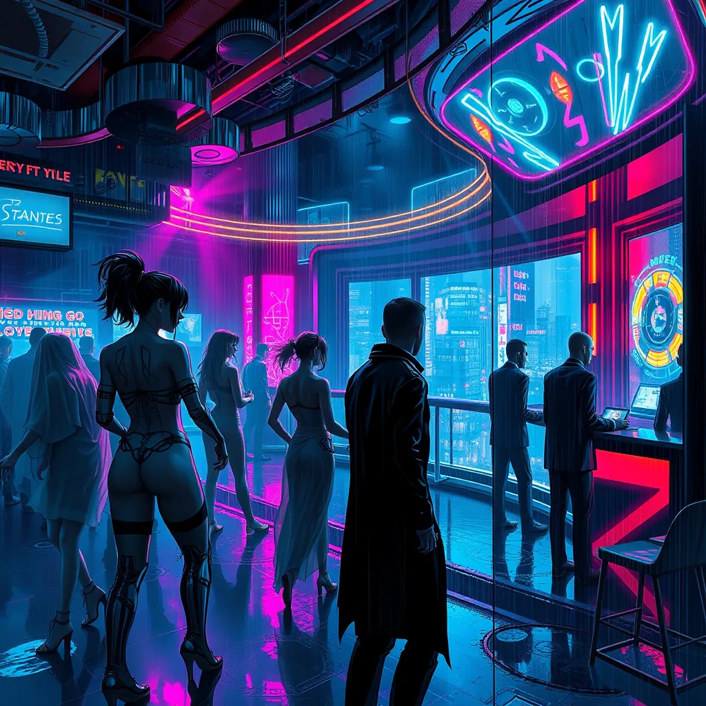 A cyberpunk nightclub, pulsating with neon lights and synthwave music, dancers with cybernetic enhancements move in a hypnotic trance, a holographic DJ spins futuristic beats, a lone figure stares out the window at the rain-soaked city.