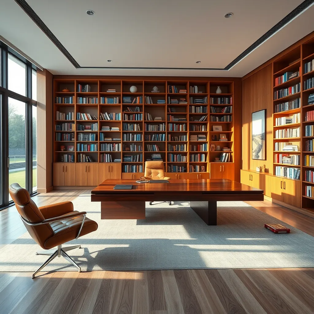 A spacious, open-plan office with a large, floating desk made of polished wood, a comfortable leather armchair, and a wall of bookshelves filled with colorful books. A large window provides natural light and a view of a city park.