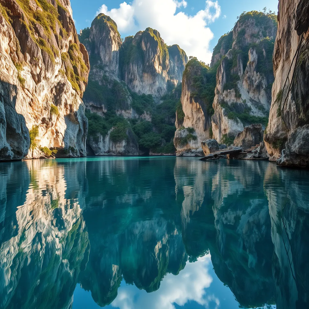 A hidden, crystal-clear lagoon surrounded by towering limestone cliffs, with the water so still it mirrors the sky above, creating a perfect, otherworldly reflection.