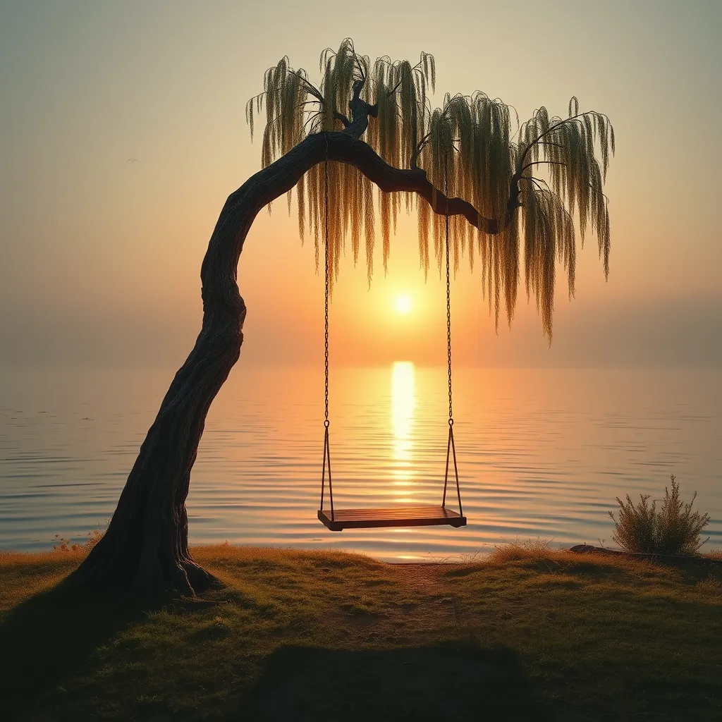 A lone swing hangs from a gnarled willow tree beside a shimmering lake, the setting sun casting golden rays across the water. (Tranquil, serene, peaceful, calming)