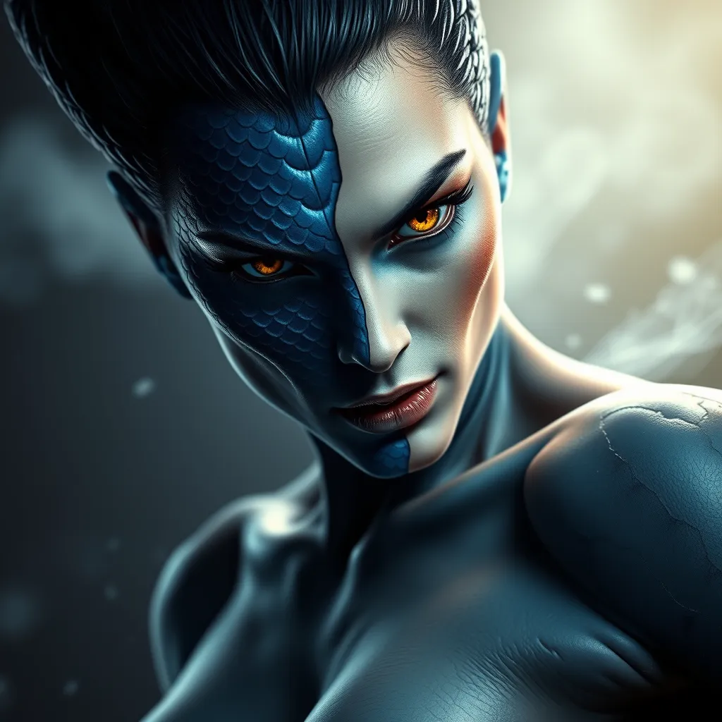 Mystique shifting into form, blue scales transforming into smooth skin, piercing yellow eyes, a hint of mischief, dynamic pose, dramatic lighting, photorealistic