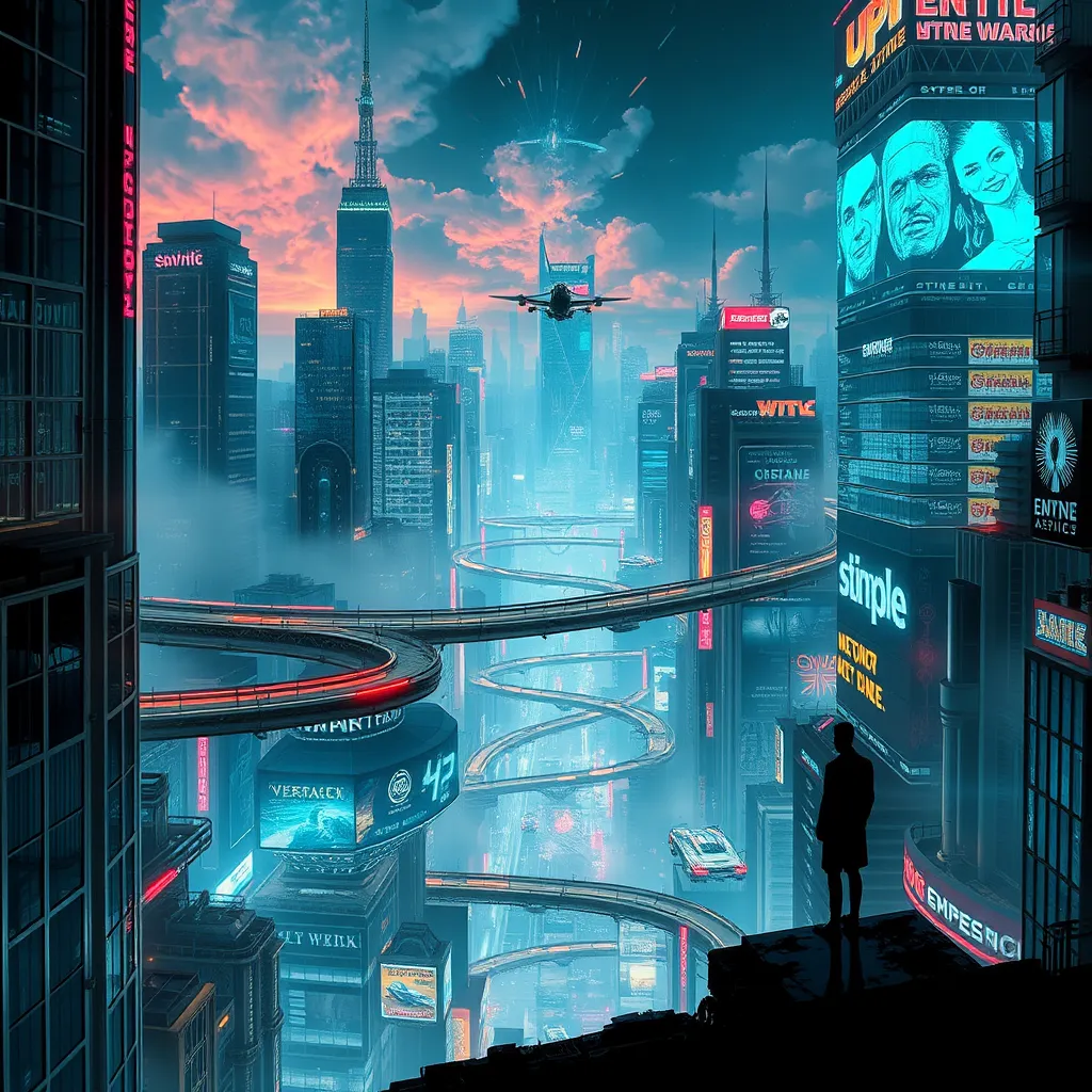 Cyberpunk cityscape, intricate network of neon-lit sky bridges connecting towering chrome skyscrapers, holographic advertisements projecting onto the clouds, flying cars zipping through the air, a lone figure silhouetted against the shimmering lights.