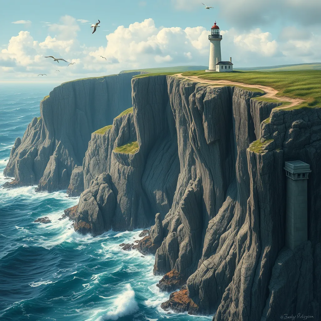 A rugged coastline with towering cliffs carved by the relentless ocean waves, where seabirds soar overhead and a lighthouse stands as a beacon of hope.