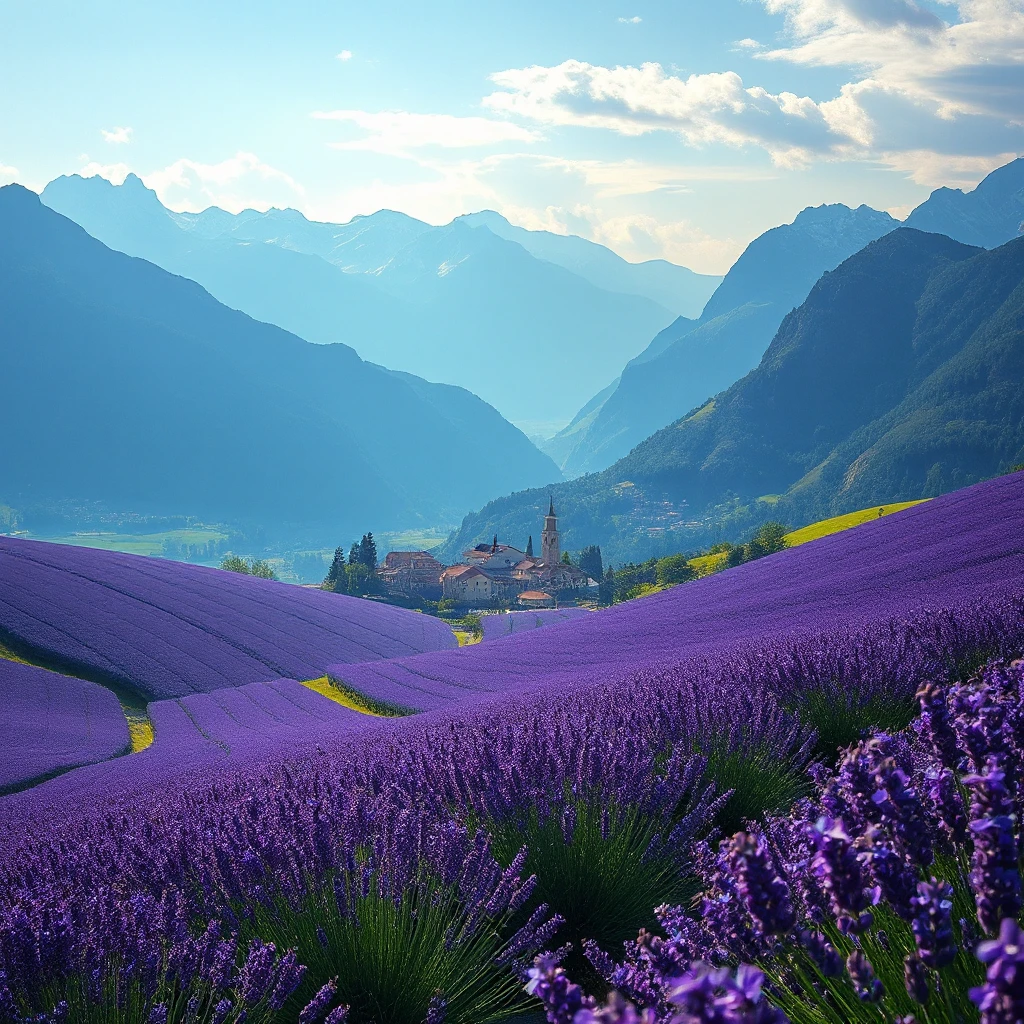 Rolling hills blanketed in lavender fields stretching towards a picturesque village nestled at the foot of snow-capped mountains, soft light, painterly style, calming atmosphere