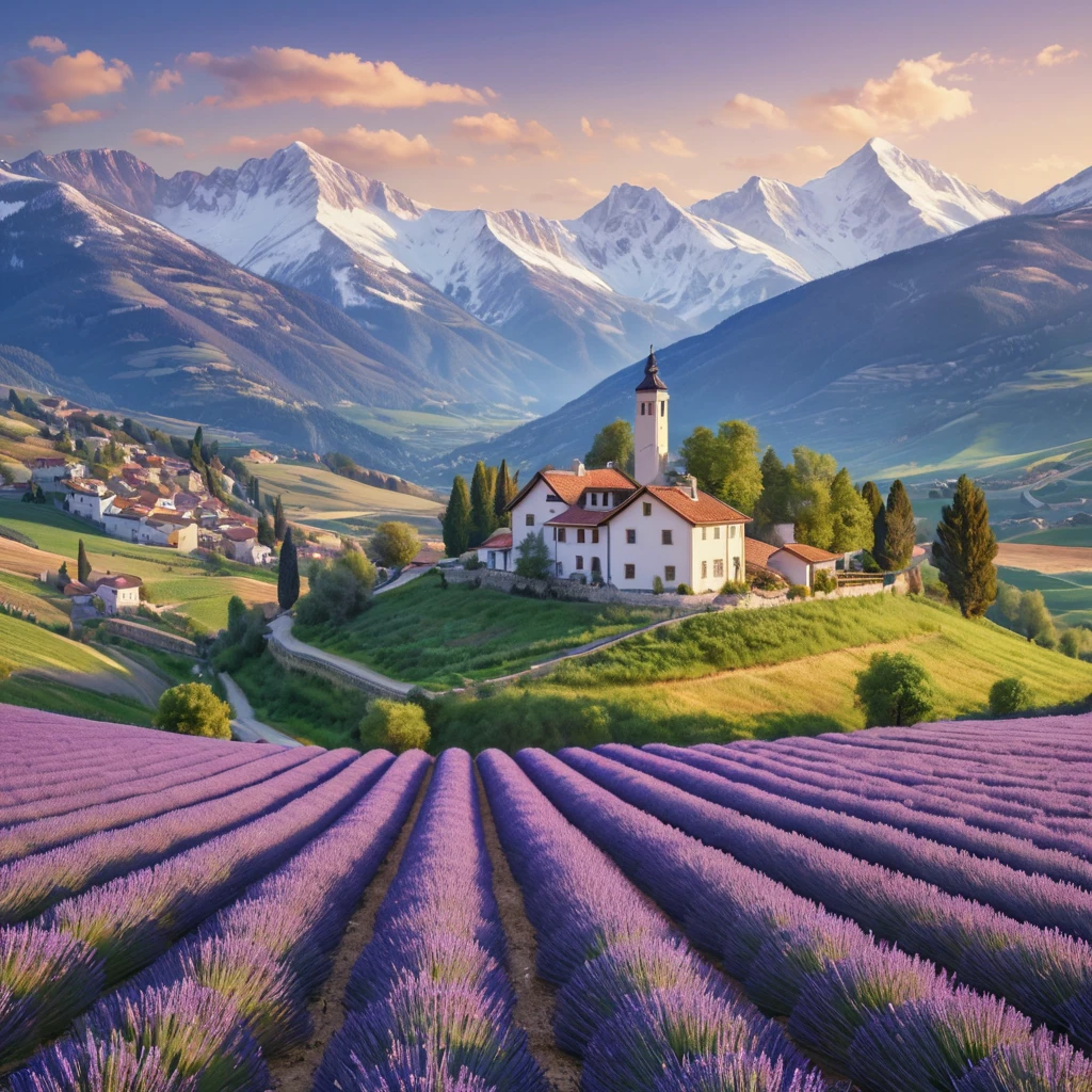 Rolling hills blanketed in lavender fields stretching towards a picturesque village nestled at the foot of snow-capped mountains, soft light, painterly style, calming atmosphere