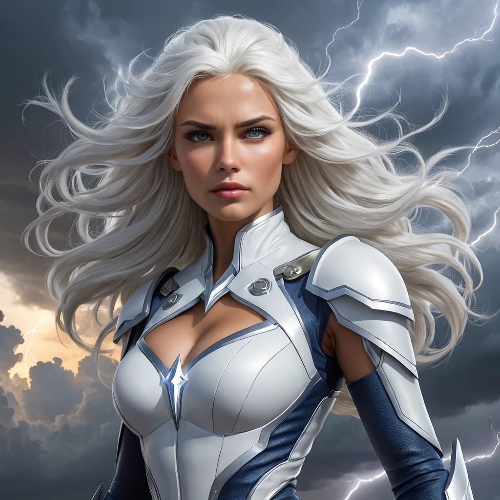 Storm commanding the weather, lightning crackling around her, eyes glowing white, flowing white hair, powerful stance, epic scale, dramatic sky, fantasy art style