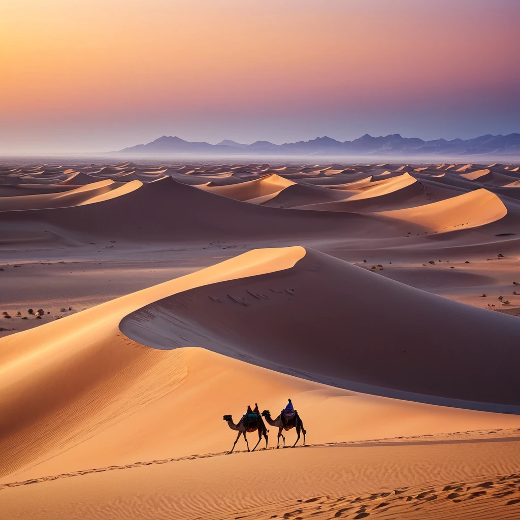 A vast, serene desert landscape at sunset, with towering sand dunes casting long shadows and a lone camel caravan silhouetted against the vibrant orange and purple sky.