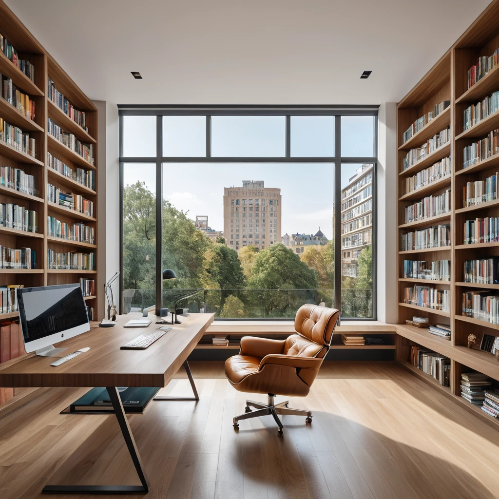 A spacious, open-plan office with a large, floating desk made of polished wood, a comfortable leather armchair, and a wall of bookshelves filled with colorful books. A large window provides natural light and a view of a city park.