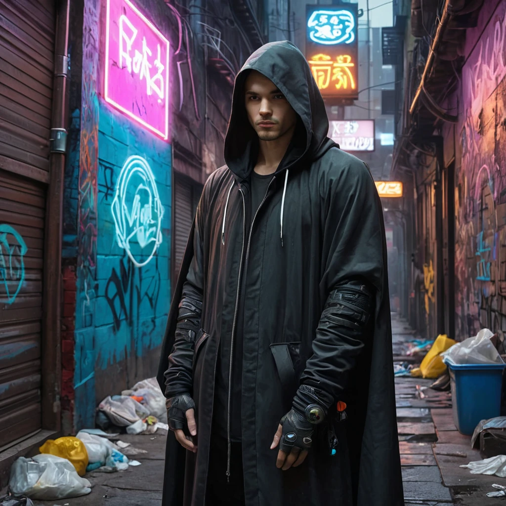 A decaying cyberpunk alleyway, graffiti-covered walls illuminated by flickering neon signs, a lone figure in a hooded cloak sifting through trash, the air thick with the smell of ozone and decay.