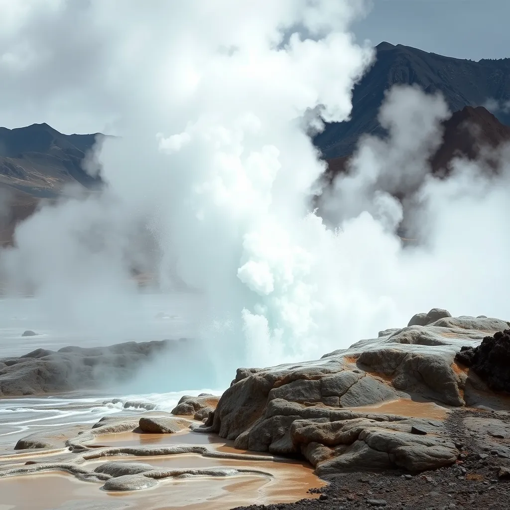 A bubbling geyser erupting in a dramatic display of steam and water, set against a backdrop of a rugged, volcanic landscape.
