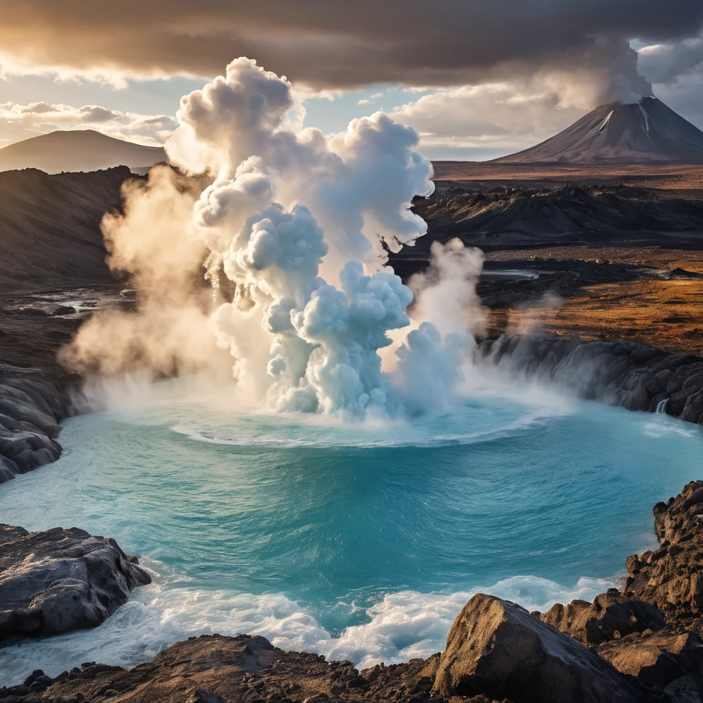 A bubbling geyser erupting in a dramatic display of steam and water, set against a backdrop of a rugged, volcanic landscape.