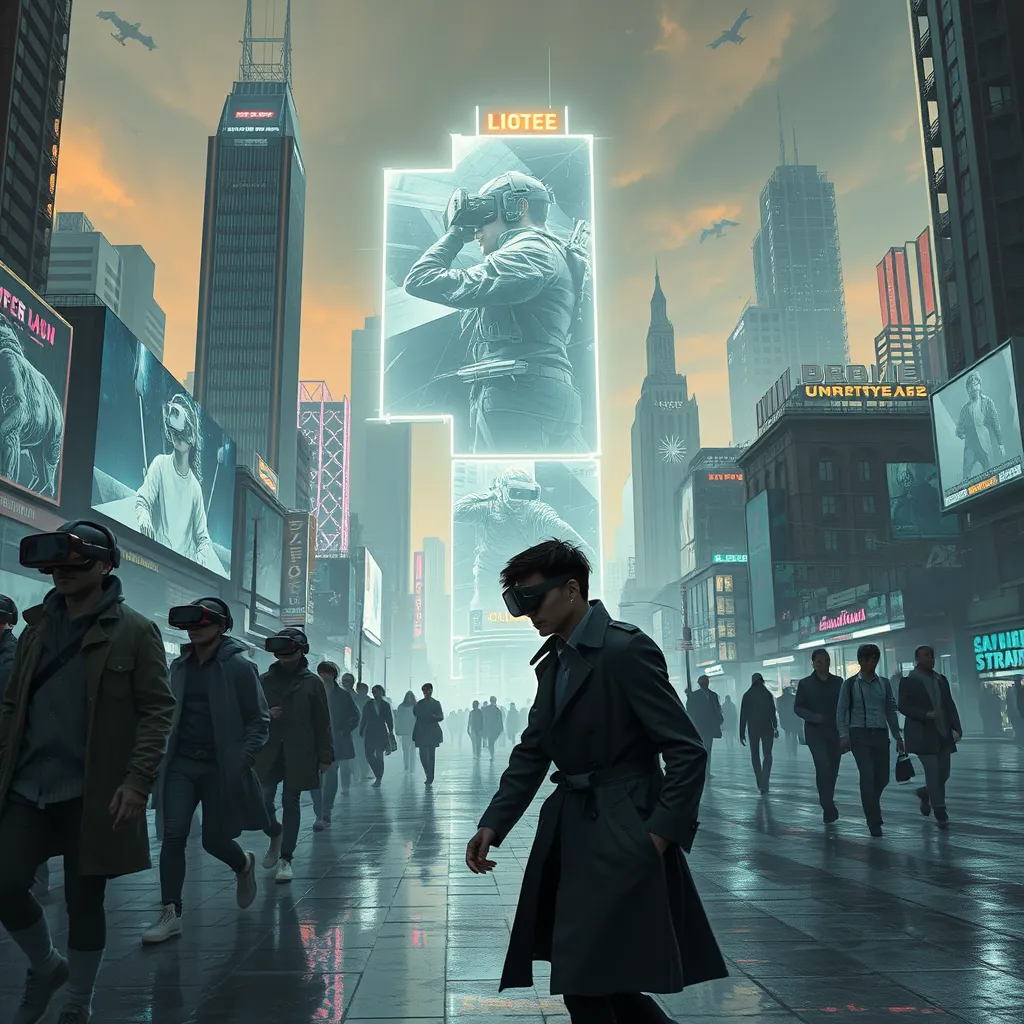 A cyberpunk cityscape, a giant holographic advertisement for a virtual reality game dominates the skyline, people wearing VR headsets walk down the street, their eyes glazed over, a lone figure in a trench coat walks past, a look of defiance on their face.