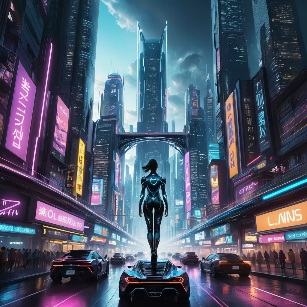 Cyberpunk cityscape, intricate network of neon-lit sky bridges connecting towering chrome skyscrapers, holographic advertisements projecting onto the clouds, flying cars zipping through the air, a lone figure silhouetted against the shimmering lights.