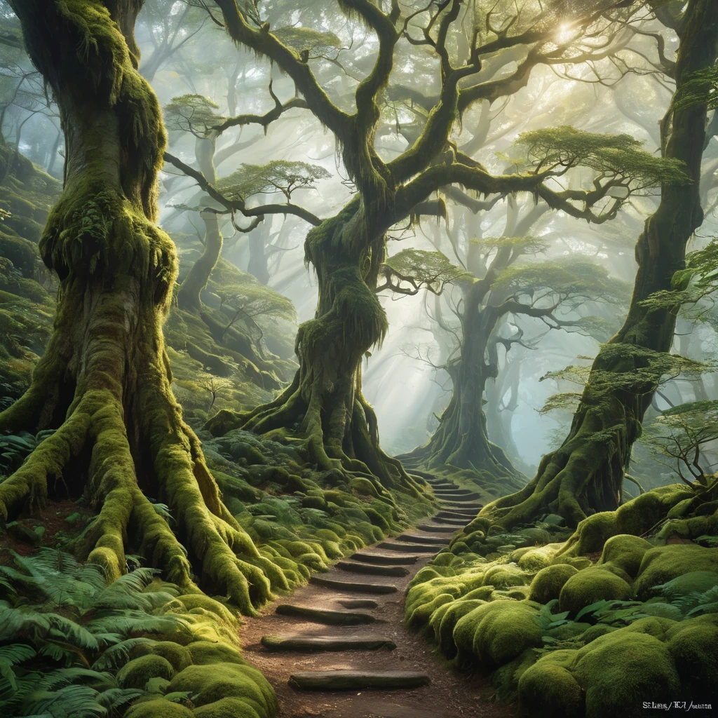 A mystical forest bathed in mist, ancient trees adorned with glowing moss, a path winding its way through the ethereal landscape, dappled sunlight, magical realism