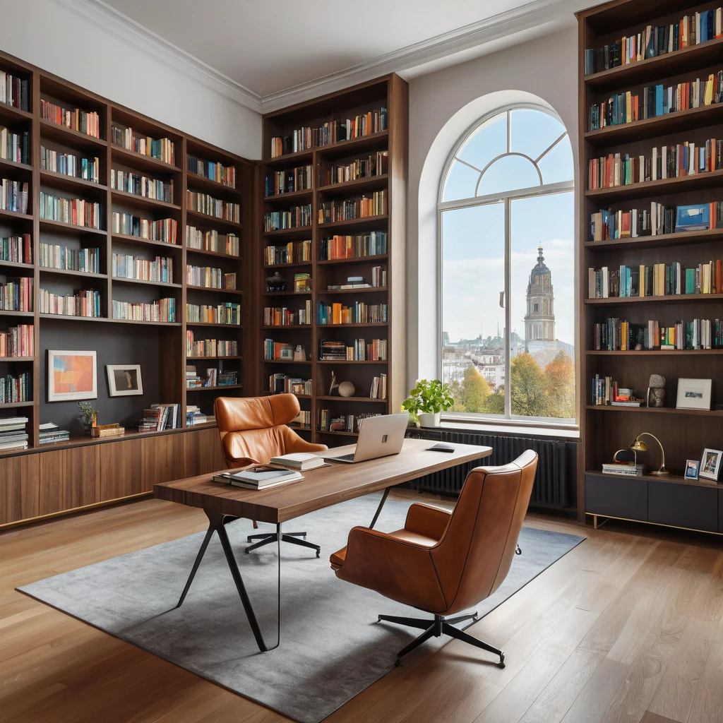A spacious, open-plan office with a large, floating desk made of polished wood, a comfortable leather armchair, and a wall of bookshelves filled with colorful books. A large window provides natural light and a view of a city park.
