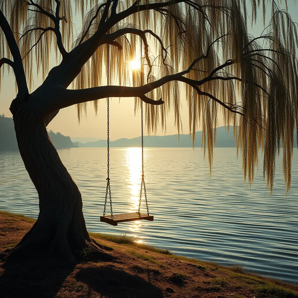 A lone swing hangs from a gnarled willow tree beside a shimmering lake, the setting sun casting golden rays across the water. (Tranquil, serene, peaceful, calming)