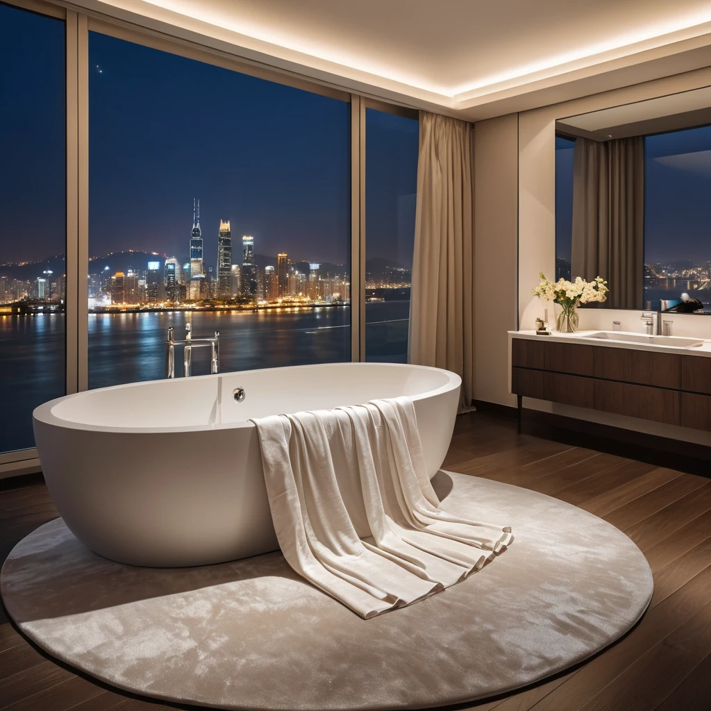A luxurious bedroom with a king-size bed draped in silk sheets, a plush rug, and a large, freestanding bathtub with a view of a sparkling city at night. The room is bathed in soft, warm lighting.