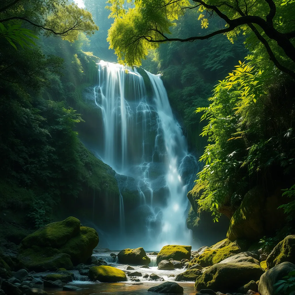 A cascading waterfall surrounded by lush, emerald-green rainforest, with sunlight filtering through the dense canopy, casting dappled shadows on the moss-covered rocks below.