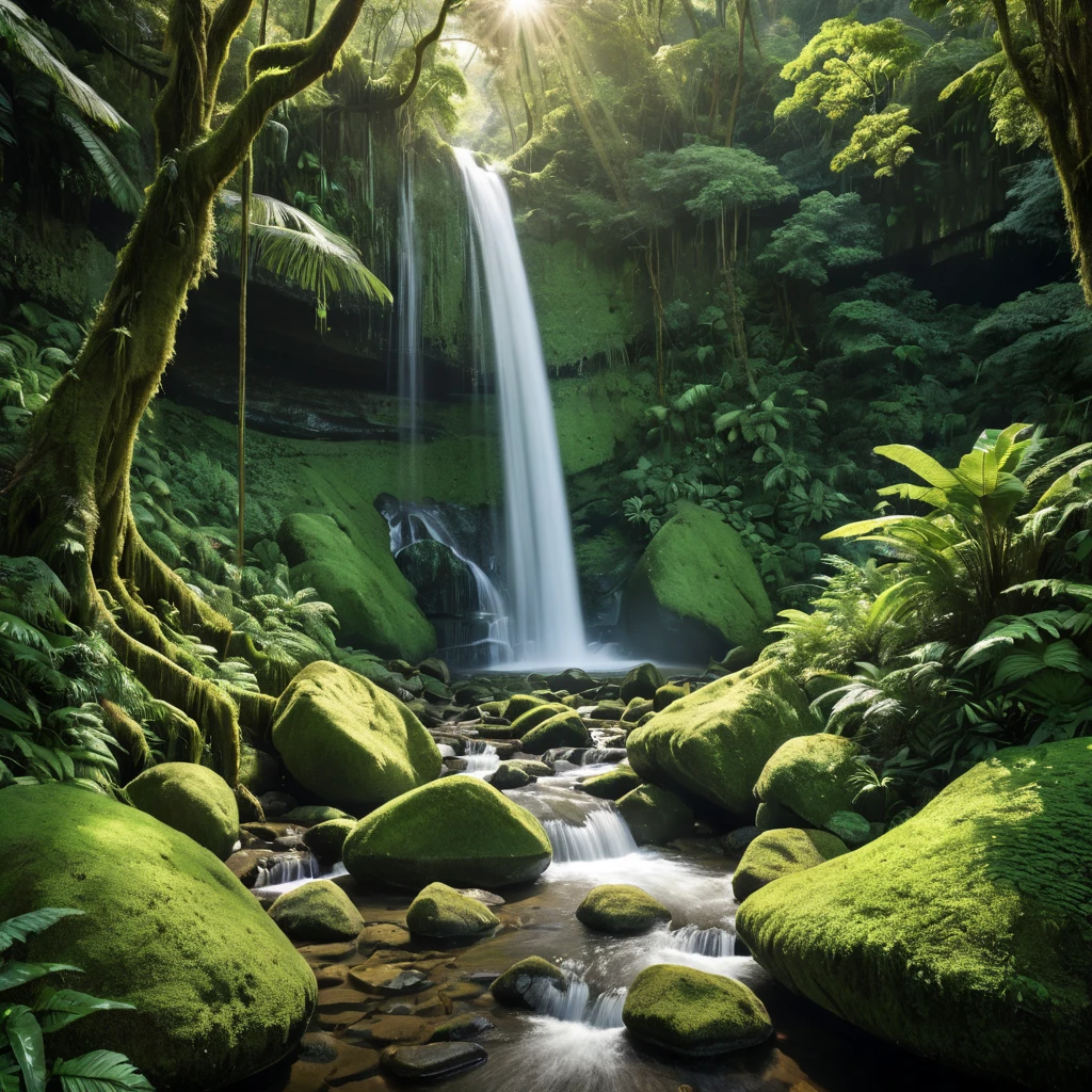 A cascading waterfall surrounded by lush, emerald-green rainforest, with sunlight filtering through the dense canopy, casting dappled shadows on the moss-covered rocks below.