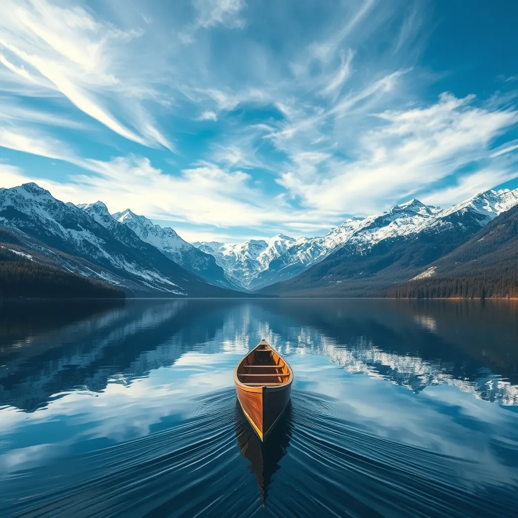 A serene lake nestled within a ring of snow-capped mountains, reflecting the azure sky and wispy clouds. A wooden canoe glides across the glassy surface, leaving a gentle ripple in its wake.