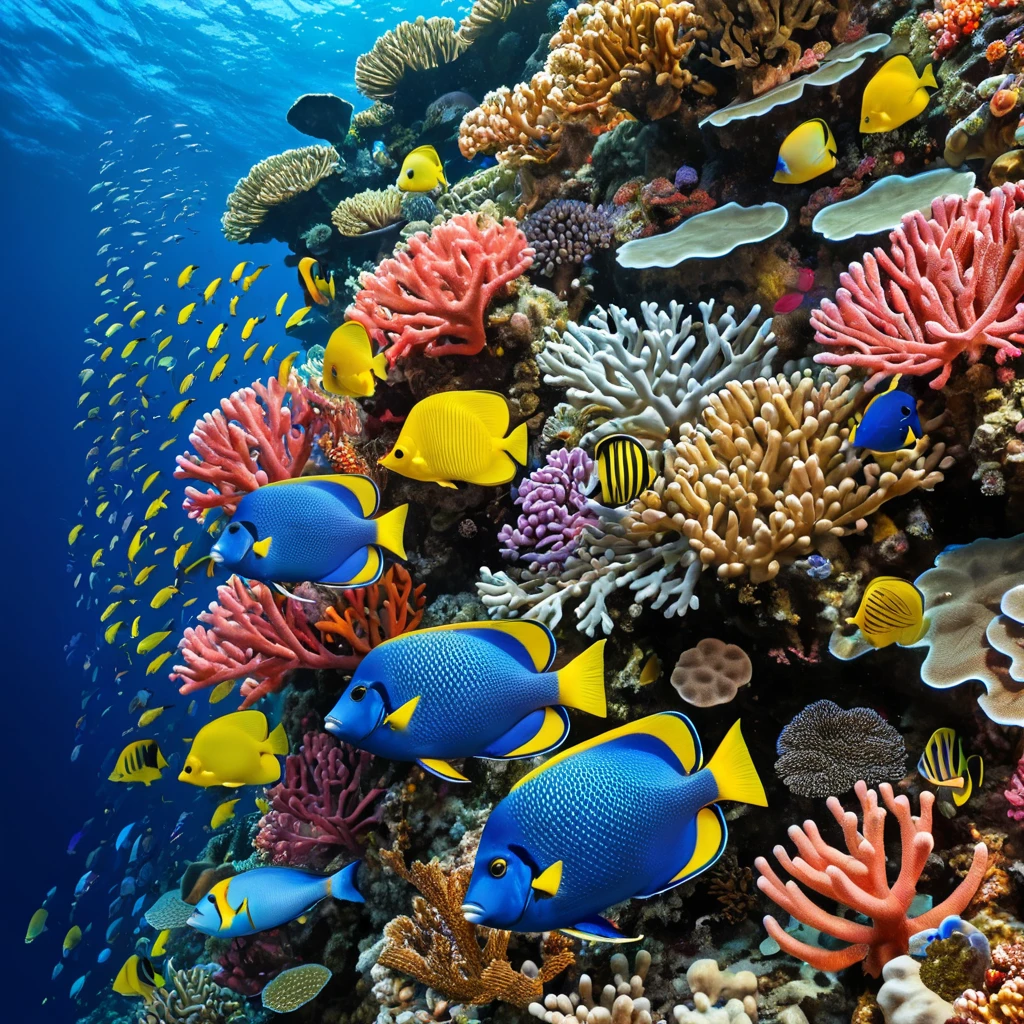 A vibrant coral reef teeming with exotic marine life, where schools of colorful fish dart among the intricate formations of coral, all set against the deep blue ocean.