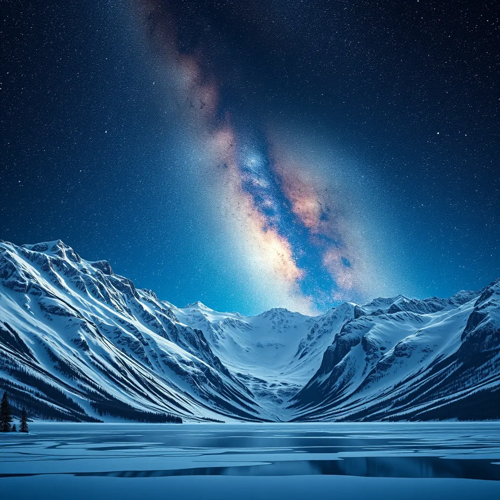 A snow-covered mountain range under a clear, starry night sky, with the Milky Way visible in the background and a frozen lake reflecting the celestial beauty.