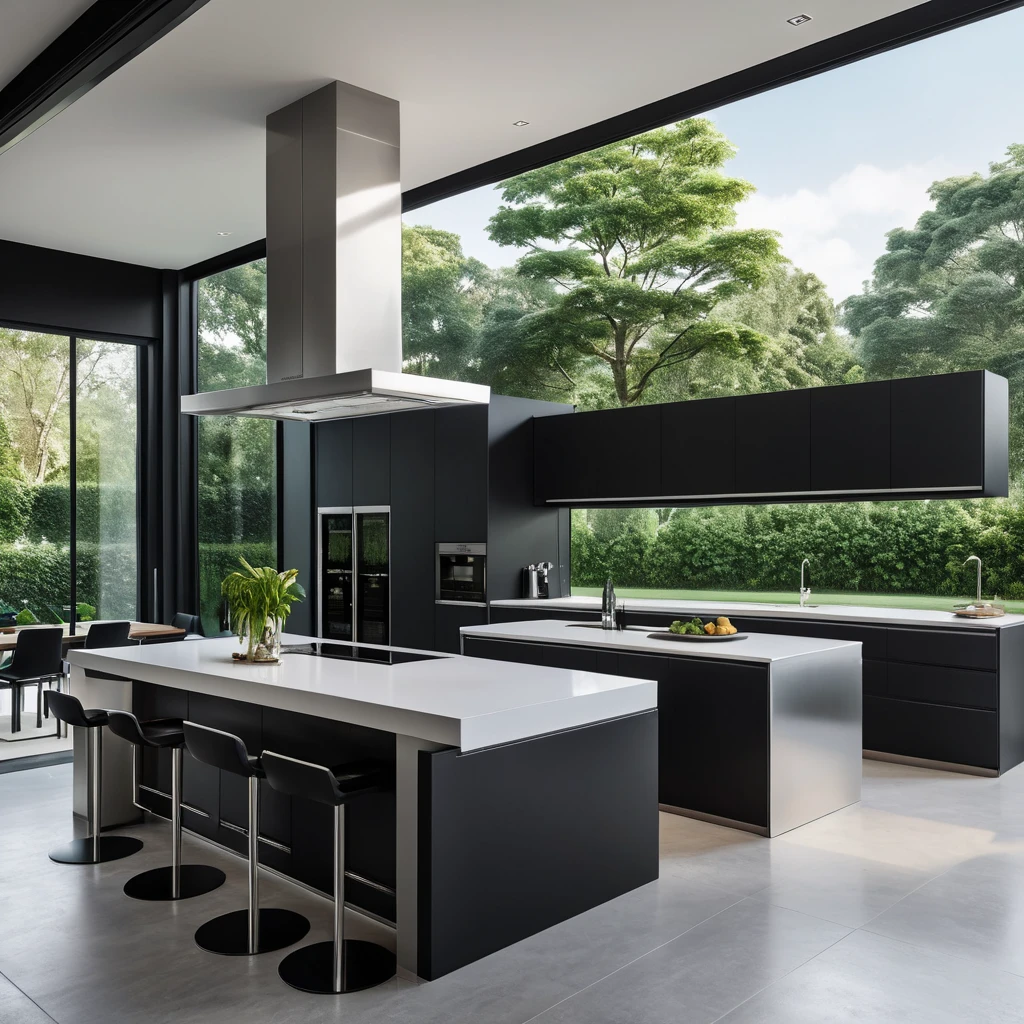 A futuristic kitchen with sleek, black cabinetry, stainless steel appliances, and a large island featuring a built-in induction cooktop and a breakfast bar with high-backed stools. A wall of windows overlooks a verdant garden.