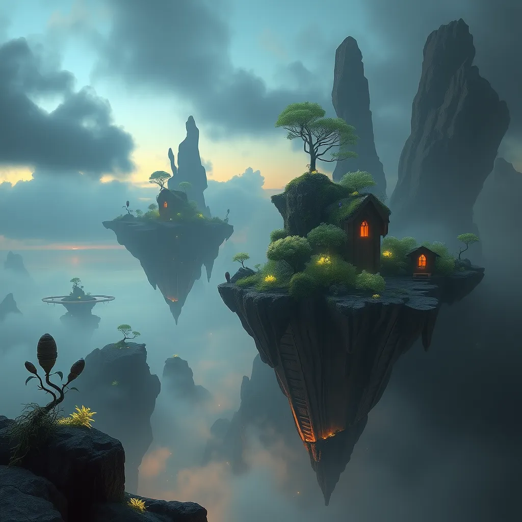 A surreal, otherworldly landscape with floating islands of rock and vegetation, suspended in a misty, twilight sky, with bioluminescent plants glowing softly.