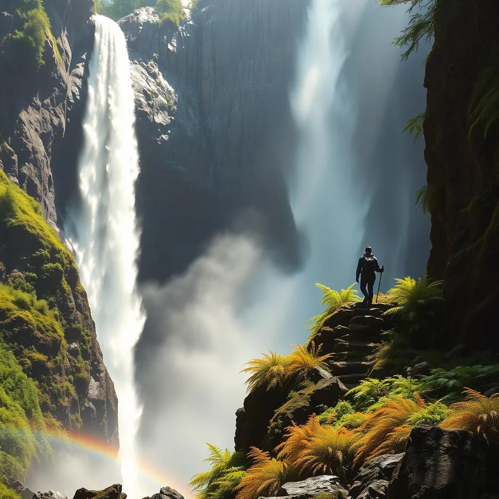A majestic waterfall cascading down a sheer cliff face, sunlight illuminating the mist, creating a rainbow. Lush ferns and moss adorn the rocks, with a lone hiker silhouetted against the spray.