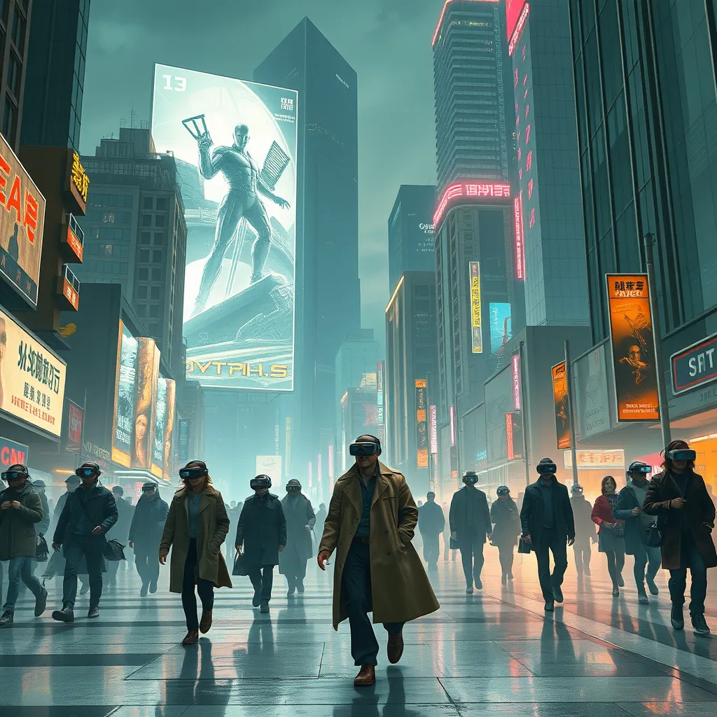 A cyberpunk cityscape, a giant holographic advertisement for a virtual reality game dominates the skyline, people wearing VR headsets walk down the street, their eyes glazed over, a lone figure in a trench coat walks past, a look of defiance on their face.
