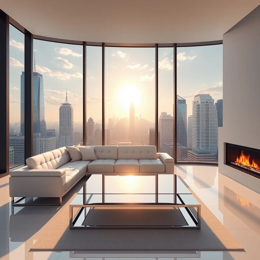 A minimalist living room with a large, panoramic window overlooking a bustling city skyline. Sunlight streams through the window, illuminating a white leather sofa, a sleek coffee table made of polished chrome, and a modern fireplace with a glowing fire.