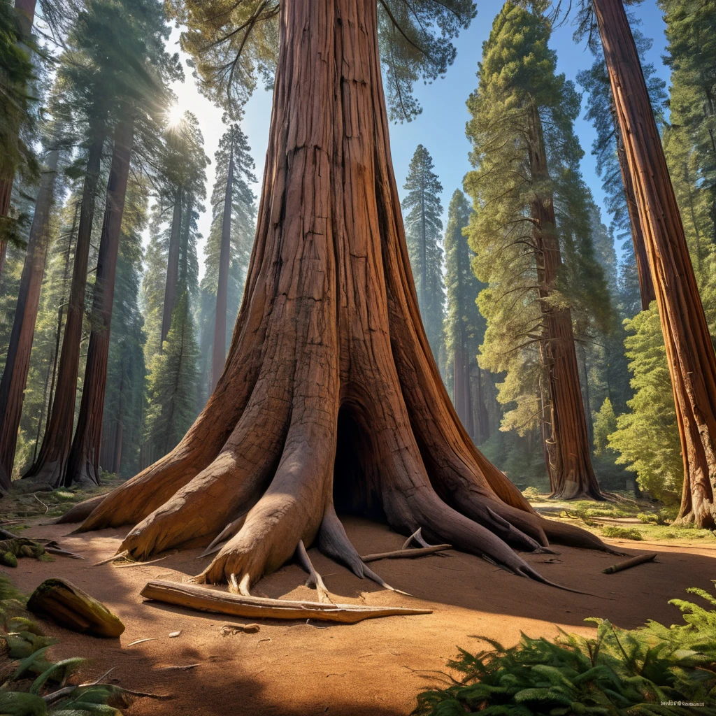 A massive, ancient sequoia tree, its bark deeply furrowed and textured. Sunlight filters through its canopy, illuminating a carpet of fallen needles on the forest floor.