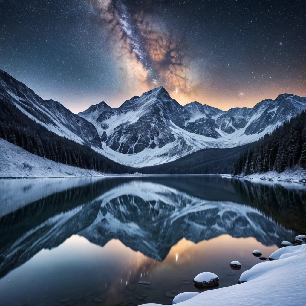 A snow-covered mountain range under a clear, starry night sky, with the Milky Way visible in the background and a frozen lake reflecting the celestial beauty.