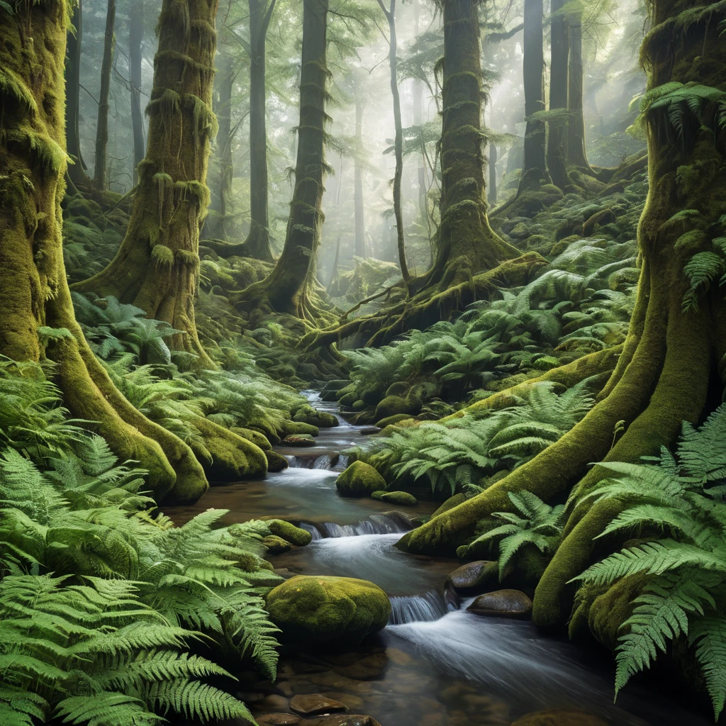 A dense, ancient forest with towering, moss-covered trees, a carpet of ferns, and a hidden, crystal-clear stream winding through the undergrowth.