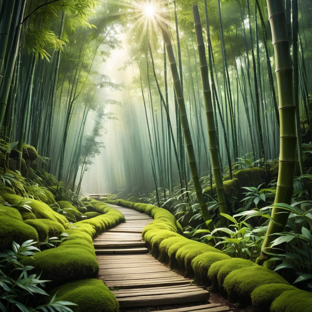 Deep within a bamboo forest, sunlight filters through the leaves, illuminating a moss-covered path. (Zen, meditation, green, ethereal)