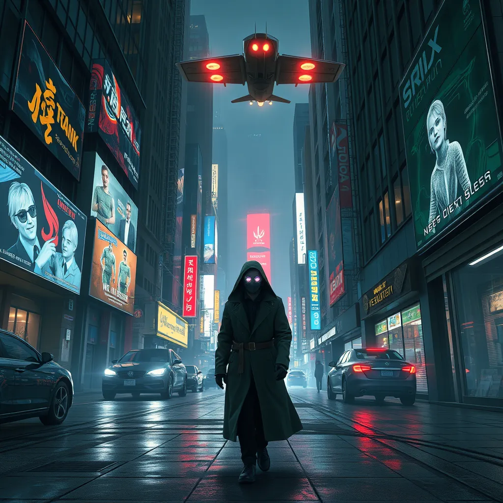 A cyberpunk street scene, holographic projections of advertisements flicker on buildings, robotic police patrol the streets, a lone figure in a trench coat walks down the sidewalk, their face obscured by a glowing mask, a flying car zooms overhead.