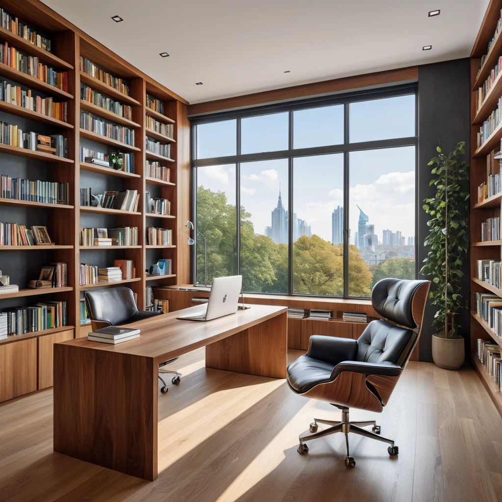A spacious, open-plan office with a large, floating desk made of polished wood, a comfortable leather armchair, and a wall of bookshelves filled with colorful books. A large window provides natural light and a view of a city park.
