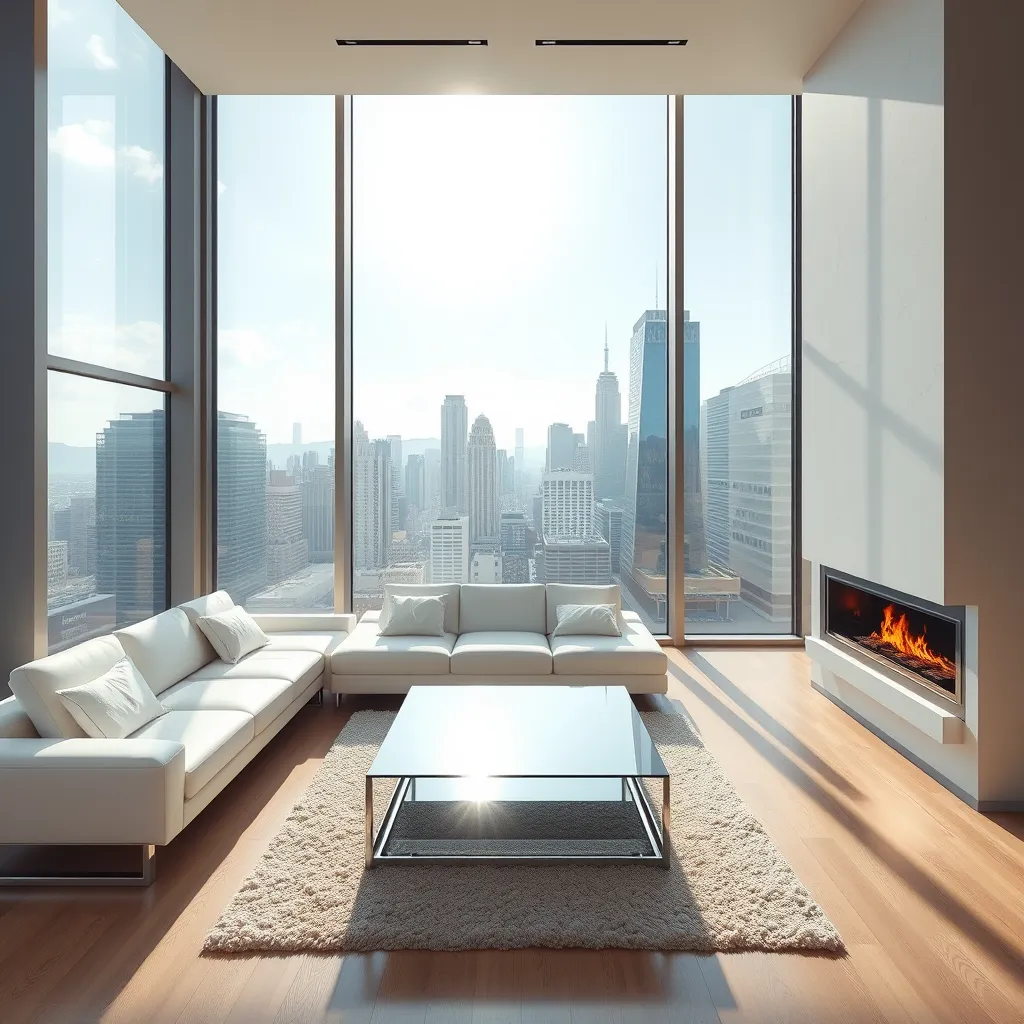 A minimalist living room with a large, panoramic window overlooking a bustling city skyline. Sunlight streams through the window, illuminating a white leather sofa, a sleek coffee table made of polished chrome, and a modern fireplace with a glowing fire.