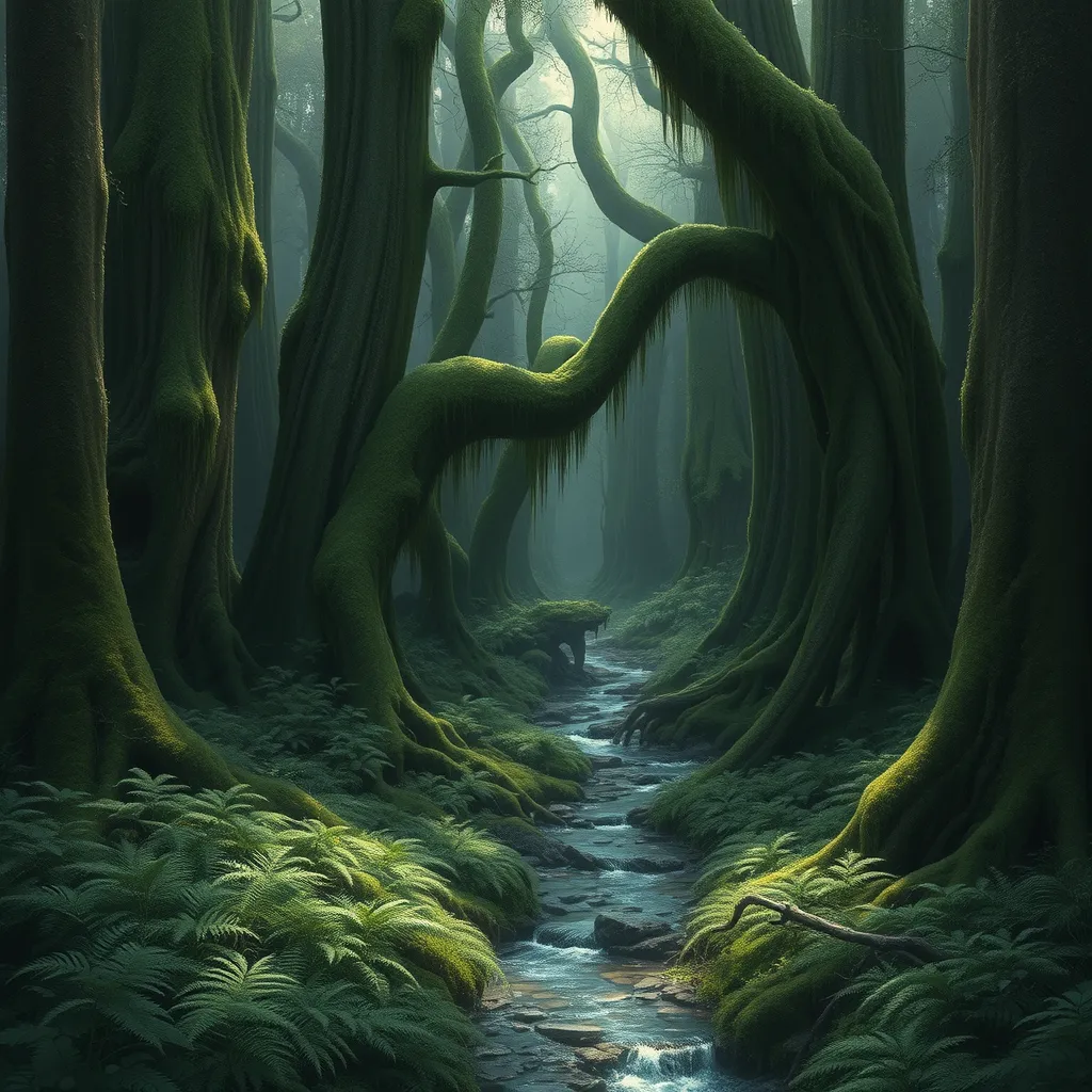 A dense, ancient forest with towering, moss-covered trees, a carpet of ferns, and a hidden, crystal-clear stream winding through the undergrowth.