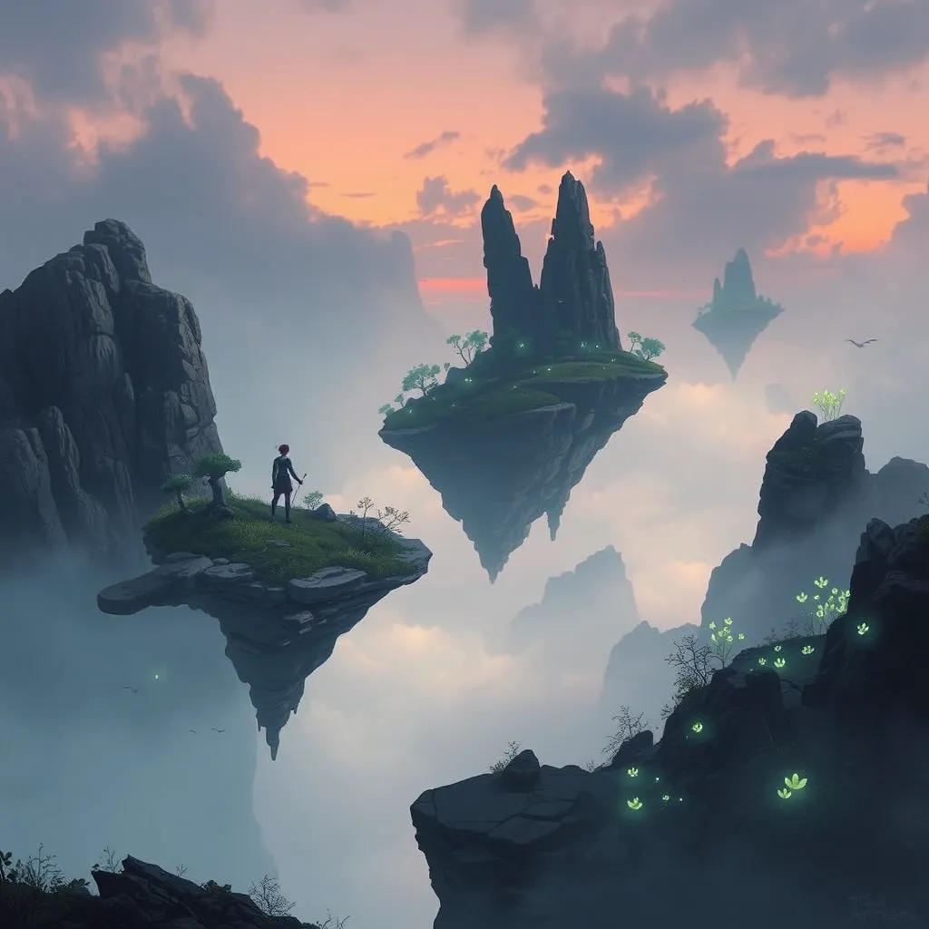 A surreal, otherworldly landscape with floating islands of rock and vegetation, suspended in a misty, twilight sky, with bioluminescent plants glowing softly.