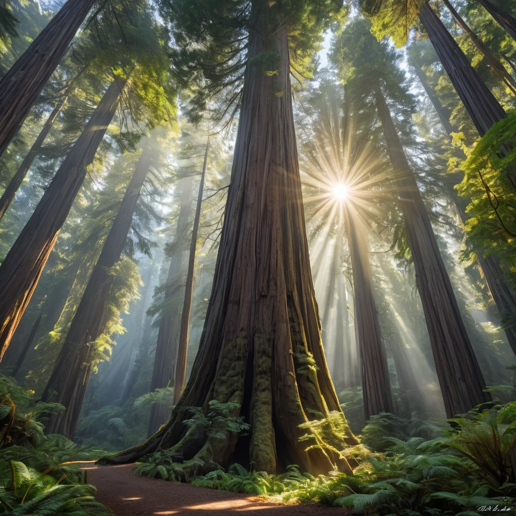 A towering, ancient redwood forest, where the massive trees form a cathedral-like canopy, and shafts of sunlight pierce through the dense foliage.