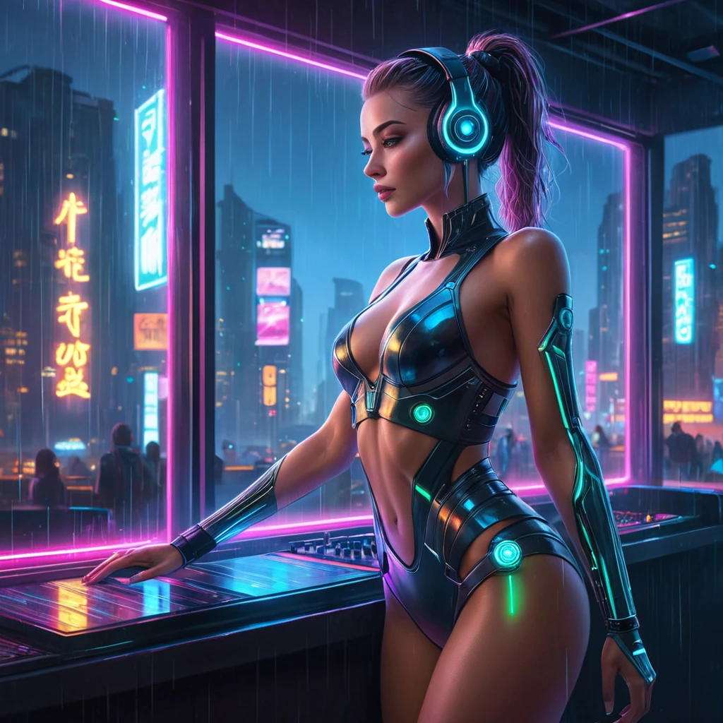 A cyberpunk nightclub, pulsating with neon lights and synthwave music, dancers with cybernetic enhancements move in a hypnotic trance, a holographic DJ spins futuristic beats, a lone figure stares out the window at the rain-soaked city.