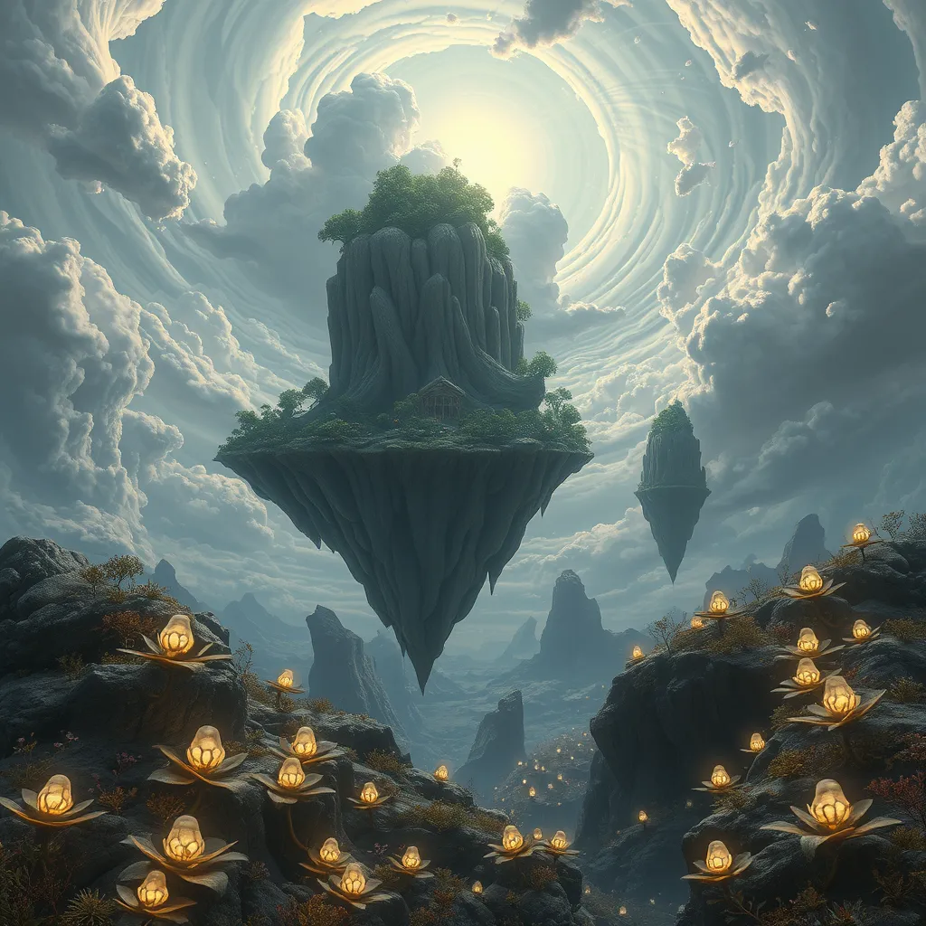 A surreal, otherworldly landscape, with floating islands suspended in a sky filled with swirling clouds. Strange, bioluminescent plants illuminate the scene with an ethereal glow.