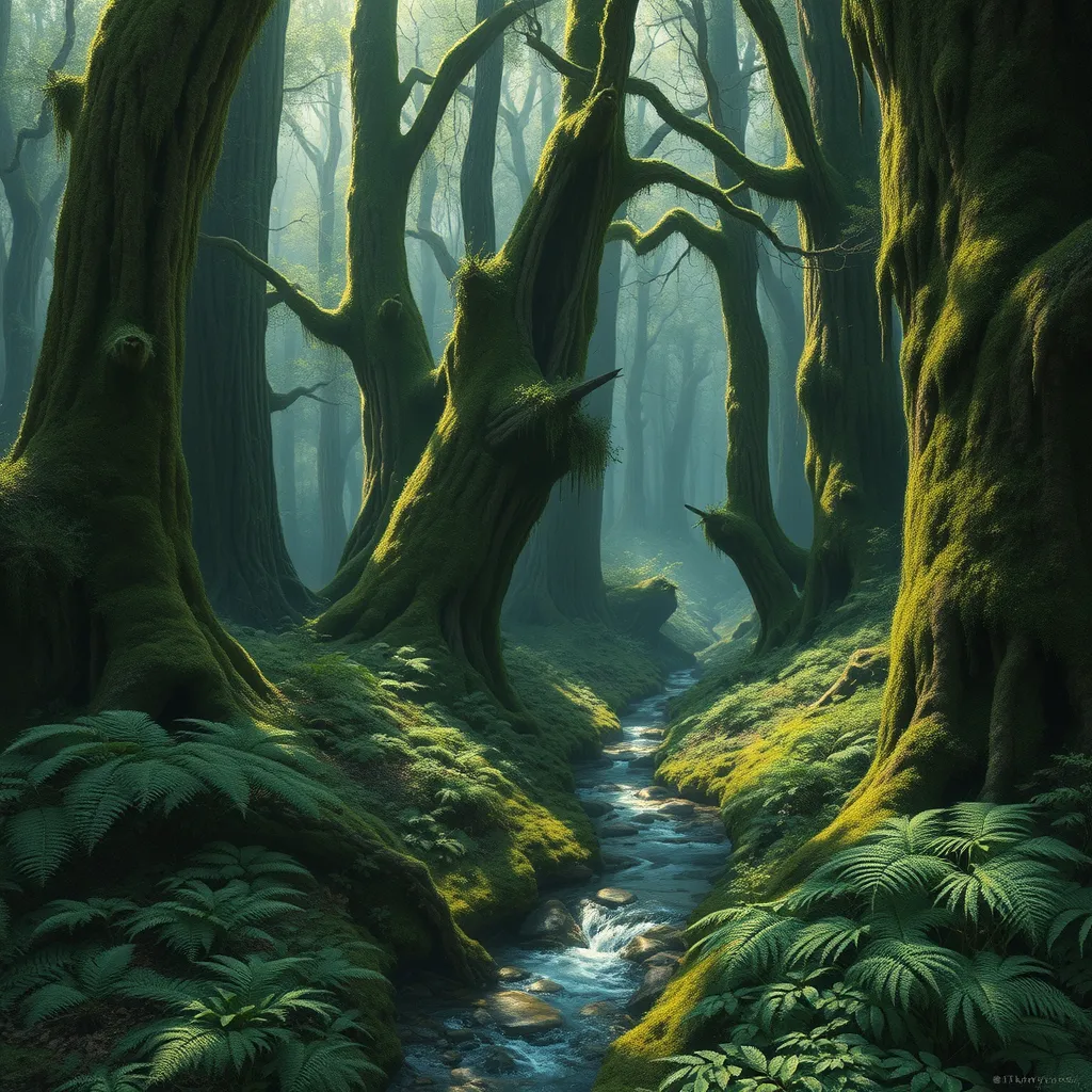 A dense, ancient forest with towering, moss-covered trees, a carpet of ferns, and a hidden, crystal-clear stream winding through the undergrowth.
