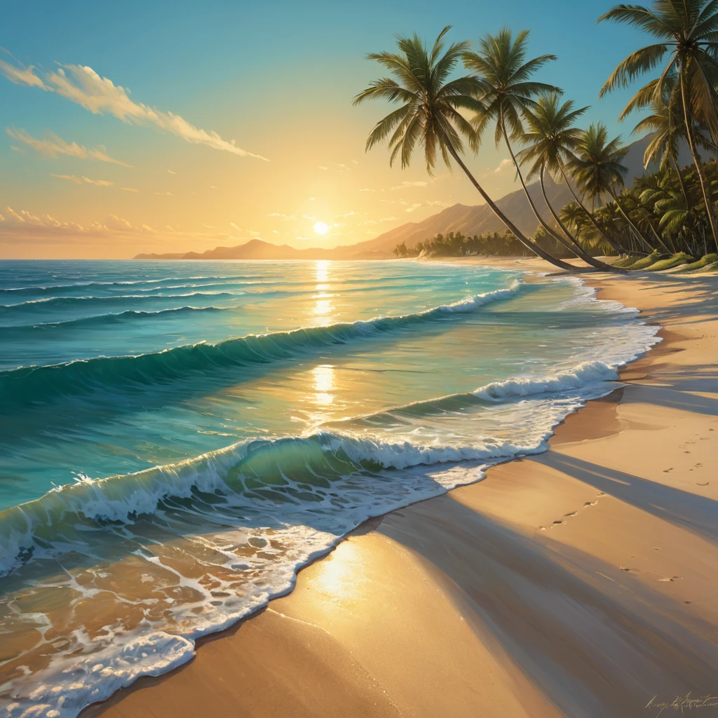 A tranquil beach at sunset, with golden sand meeting the turquoise ocean. Palm trees sway gently in the warm breeze, casting long shadows across the shore.