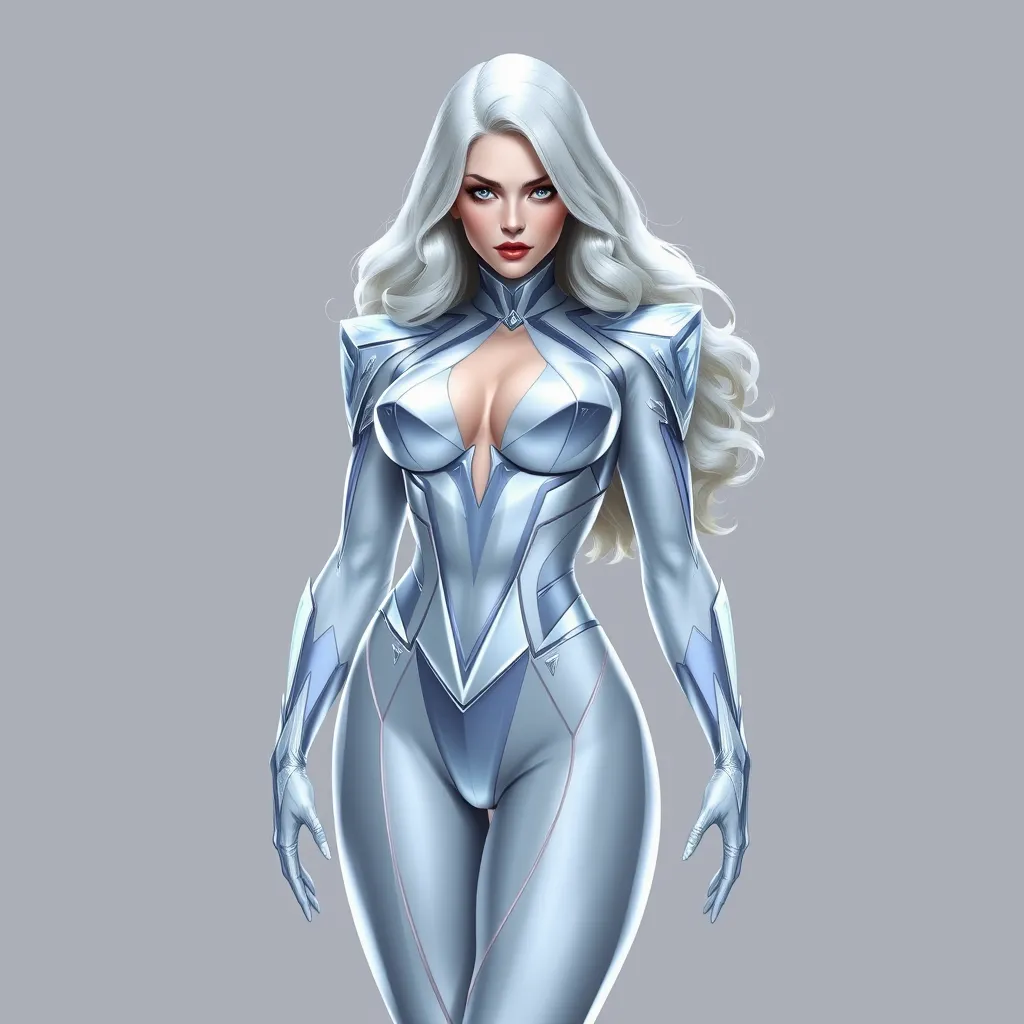 Emma Frost in diamond form, faceted skin sparkling, cold beauty, powerful stance, minimalist background, sharp lines, art deco inspiration, elegant