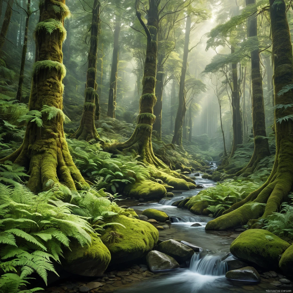 A dense, ancient forest with towering, moss-covered trees, a carpet of ferns, and a hidden, crystal-clear stream winding through the undergrowth.