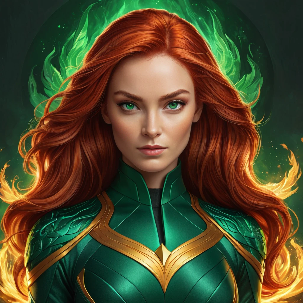 Portrait of Jean Grey, fiery red hair, emerald green eyes, powerful, elegant, phoenix fire in the background, intricate details, sharp focus, 8k