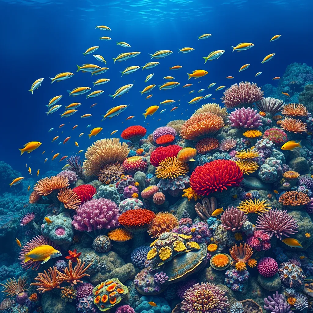 A vibrant, colorful coral reef teeming with marine life, including schools of fish, sea turtles, and vibrant anemones, all set against the deep blue ocean.